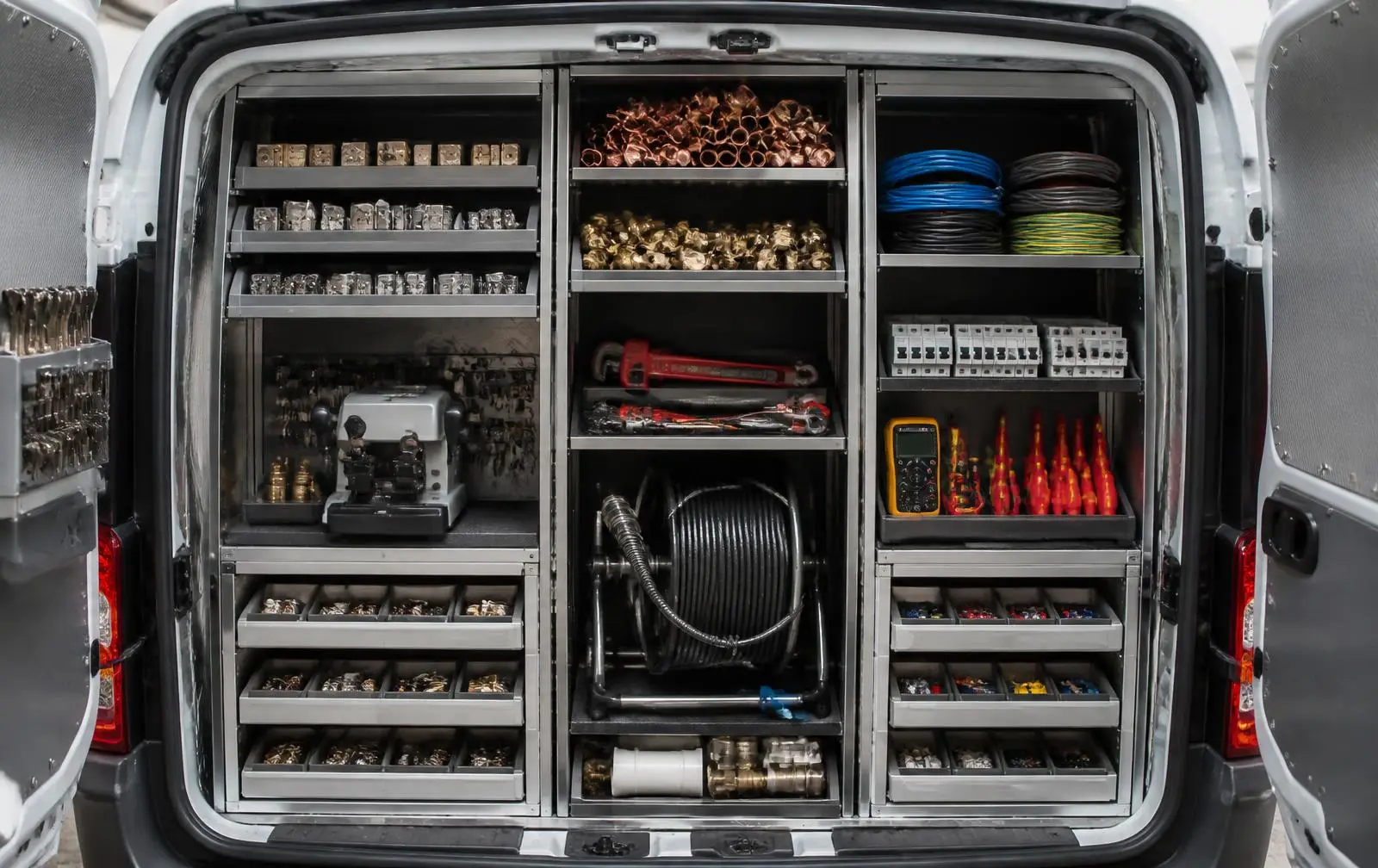 Intérieur d'un véhicule One Dépannage : matériel serrurerie, plomberie et électricité rangé