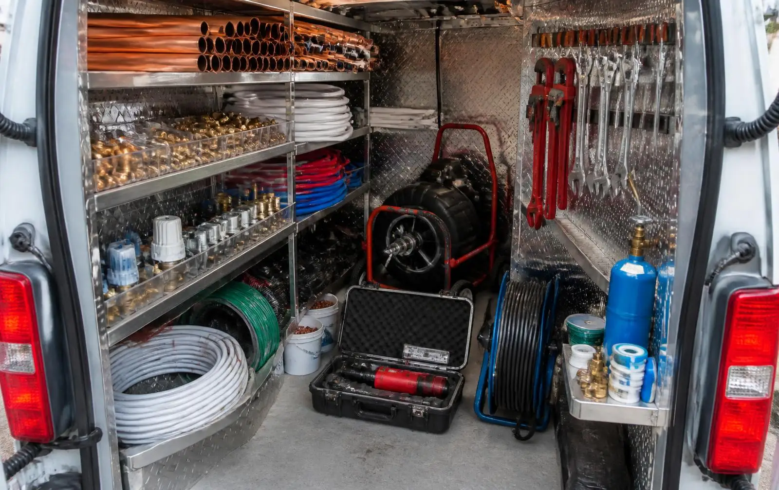 Intérieur du véhicule d'intervention : rangements et matériel professionnel