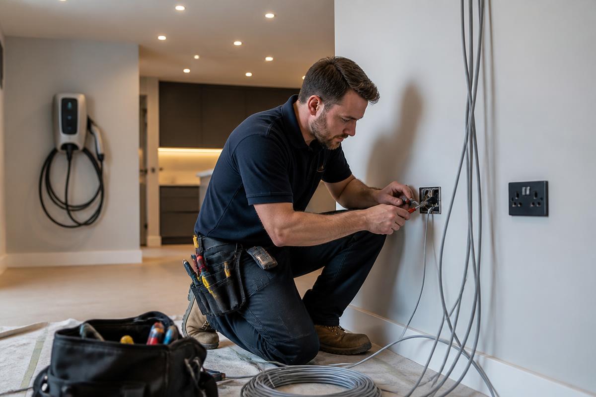 Électricien installant des prises et de l'éclairage